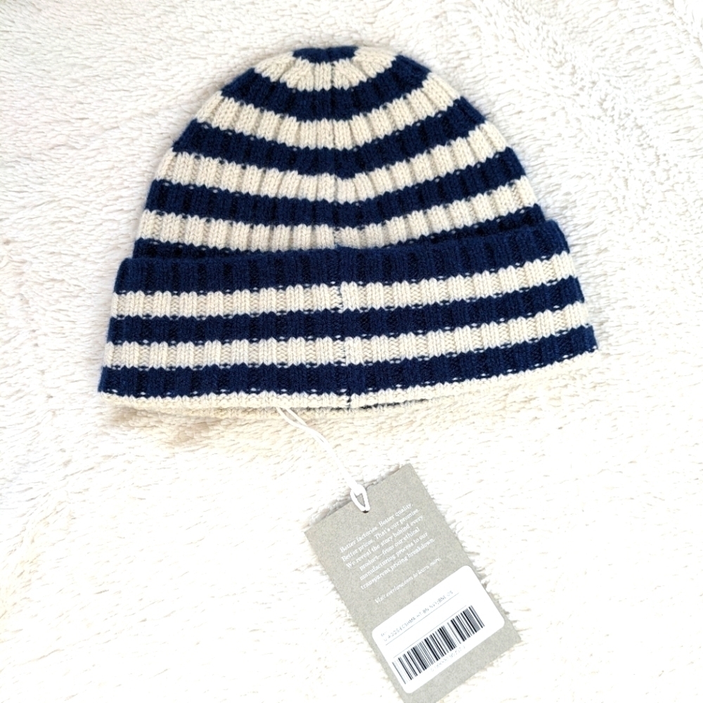 EVERLANE Unisex Navy Striped Recycled Cashmere Ribbed Knit Beanie NEW One Size